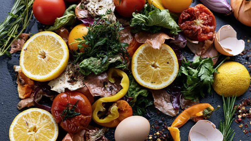 Overhead flat lay of mixed food scraps and vegetable waste on dark surface