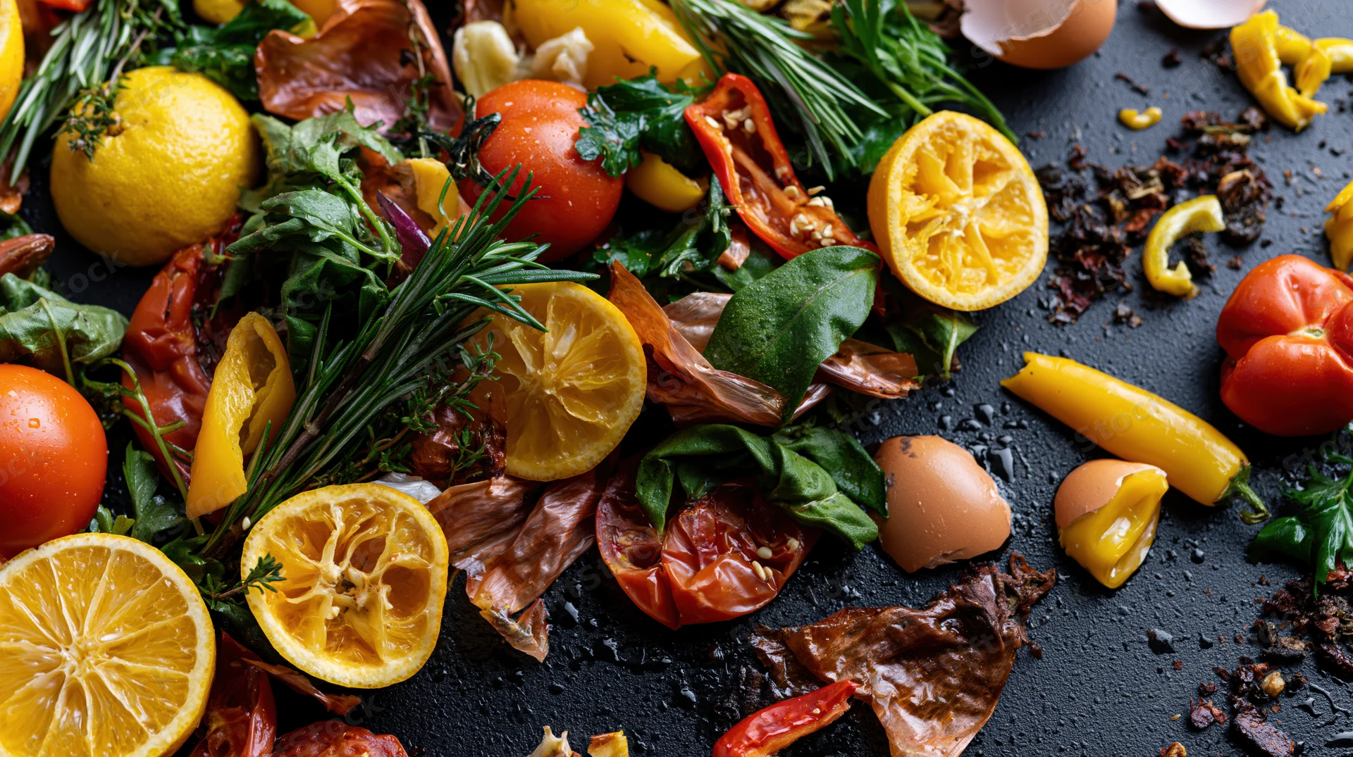Overhead flat lay of mixed food scraps and vegetable waste on dark surface