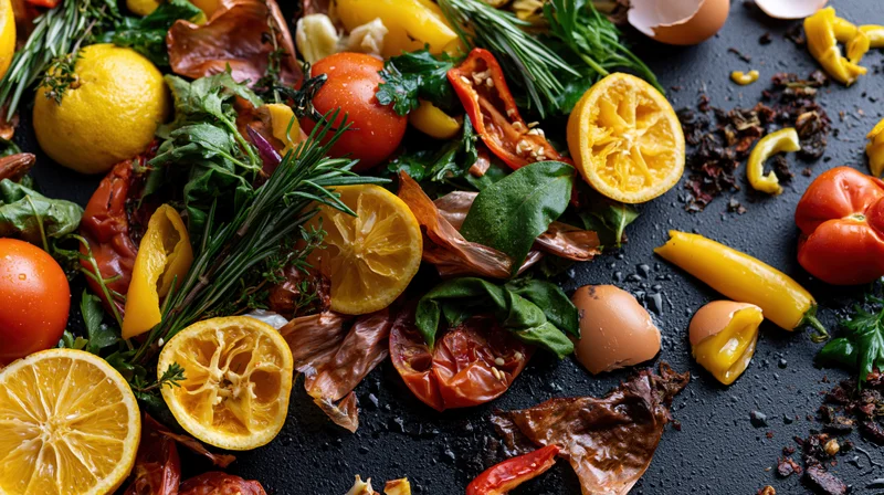 Overhead flat lay of mixed food scraps and vegetable waste on dark surface