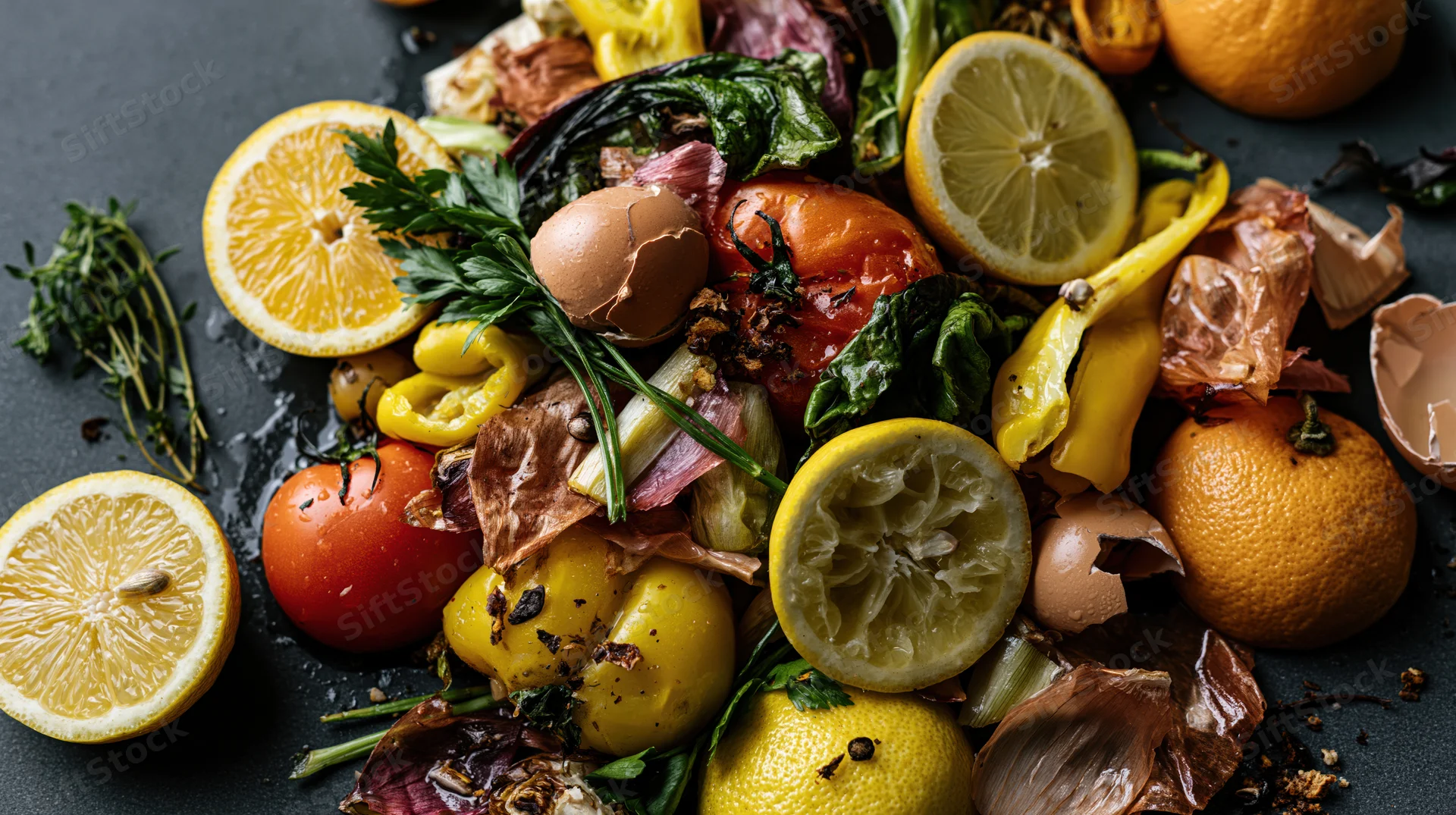 Mixed food scraps and vegetable waste arranged on dark surface