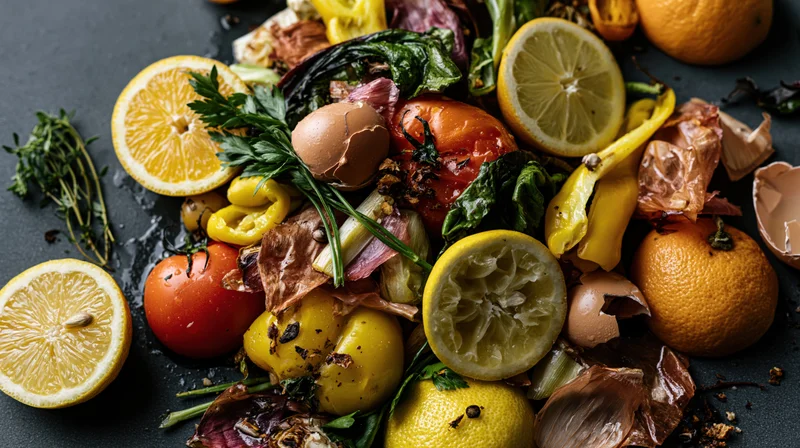 Mixed food scraps and vegetable waste arranged on dark surface