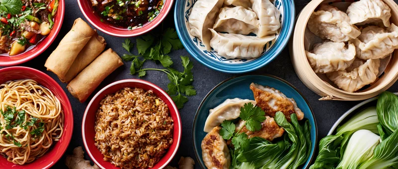 Overhead flat lay of various asian dishes arranged on dark surface including dumplings, noodles, fried rice, spring rolls, and vegetables