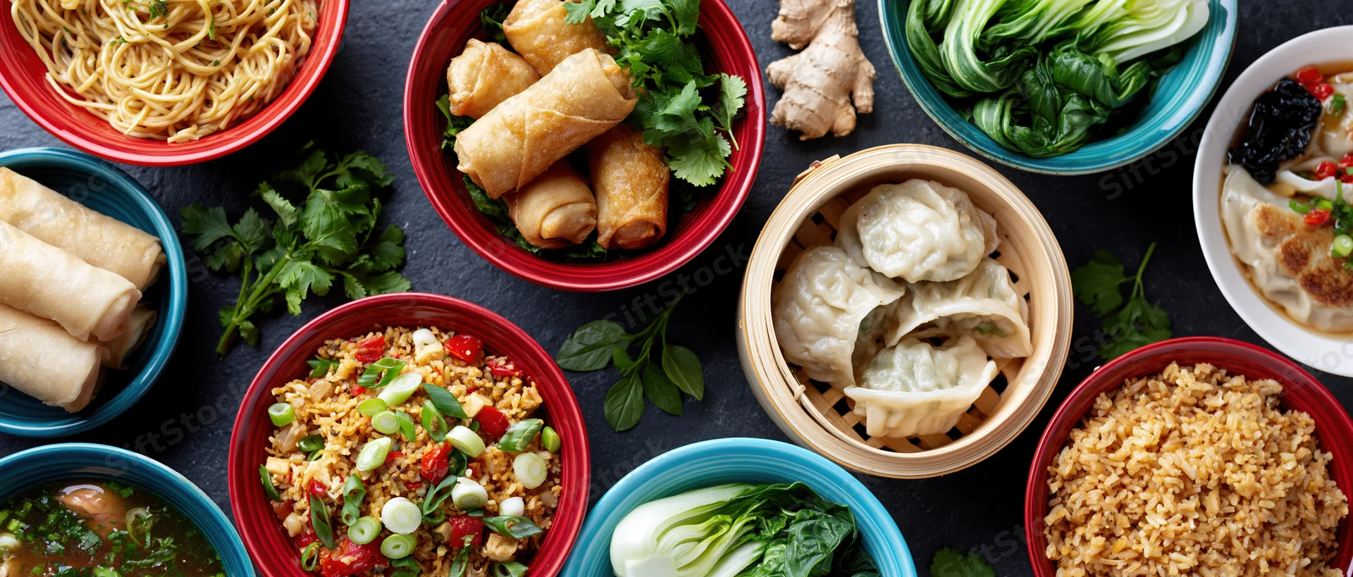 Overhead flat lay of multiple asian dishes arranged on a dark table with bowls of rice, noodles, dumplings, spring rolls, vegetables and herbs