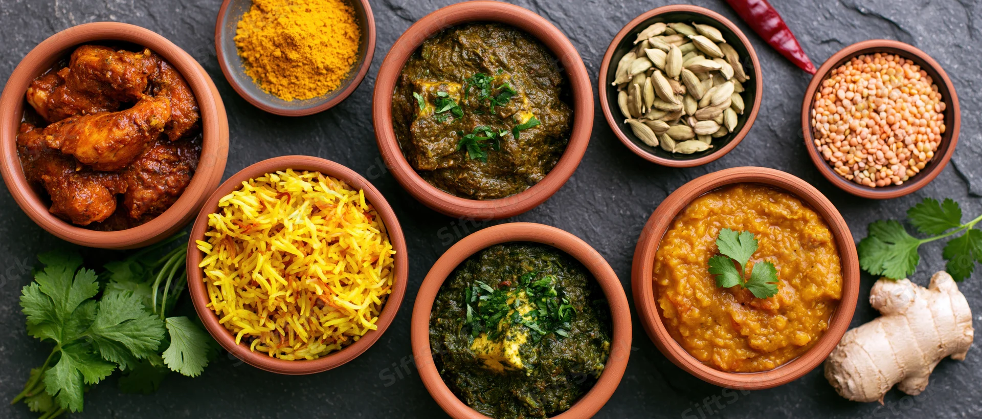 Overhead flat lay of multiple indian dishes arranged on dark slate surface with clay bowls and fresh herbs