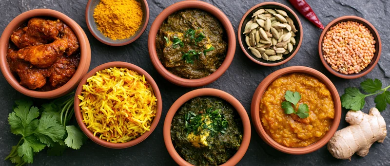 Overhead flat lay of multiple indian dishes arranged on dark slate surface with clay bowls and fresh herbs