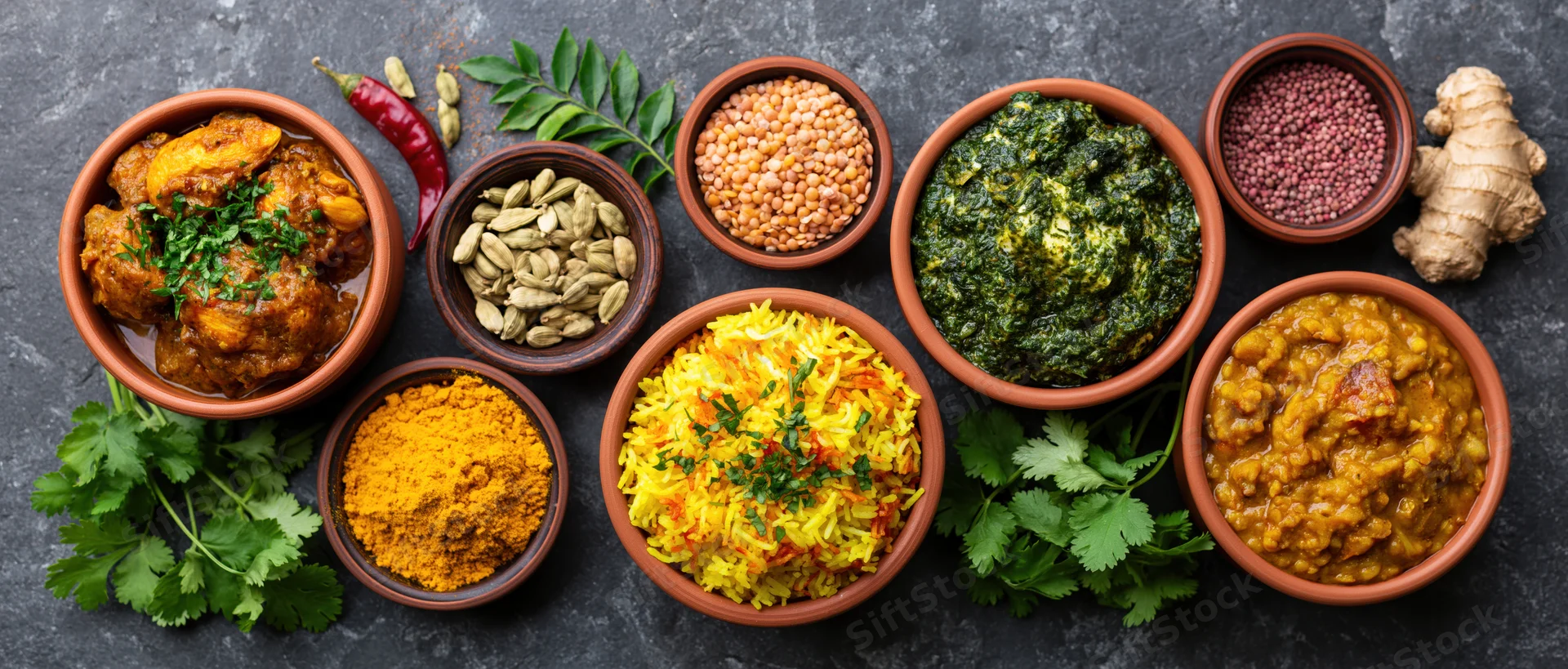 Overhead flat lay of multiple Indian dishes arranged on a dark stone surface with bowls of curry, rice, lentils, spices, and fresh herbs