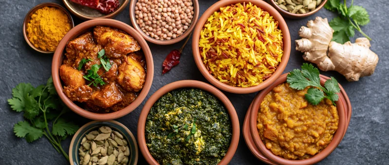 Overhead flat lay of multiple Indian dishes arranged on dark slate surface with clay bowls and fresh herbs