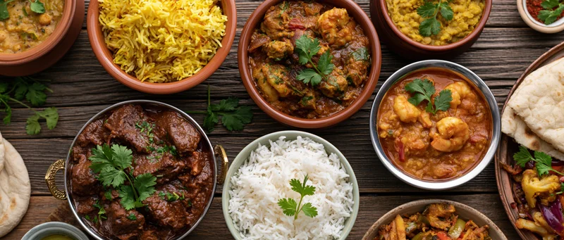 Multiple bowls of curry, rice, and naan arranged on a wooden table in an overhead flat lay