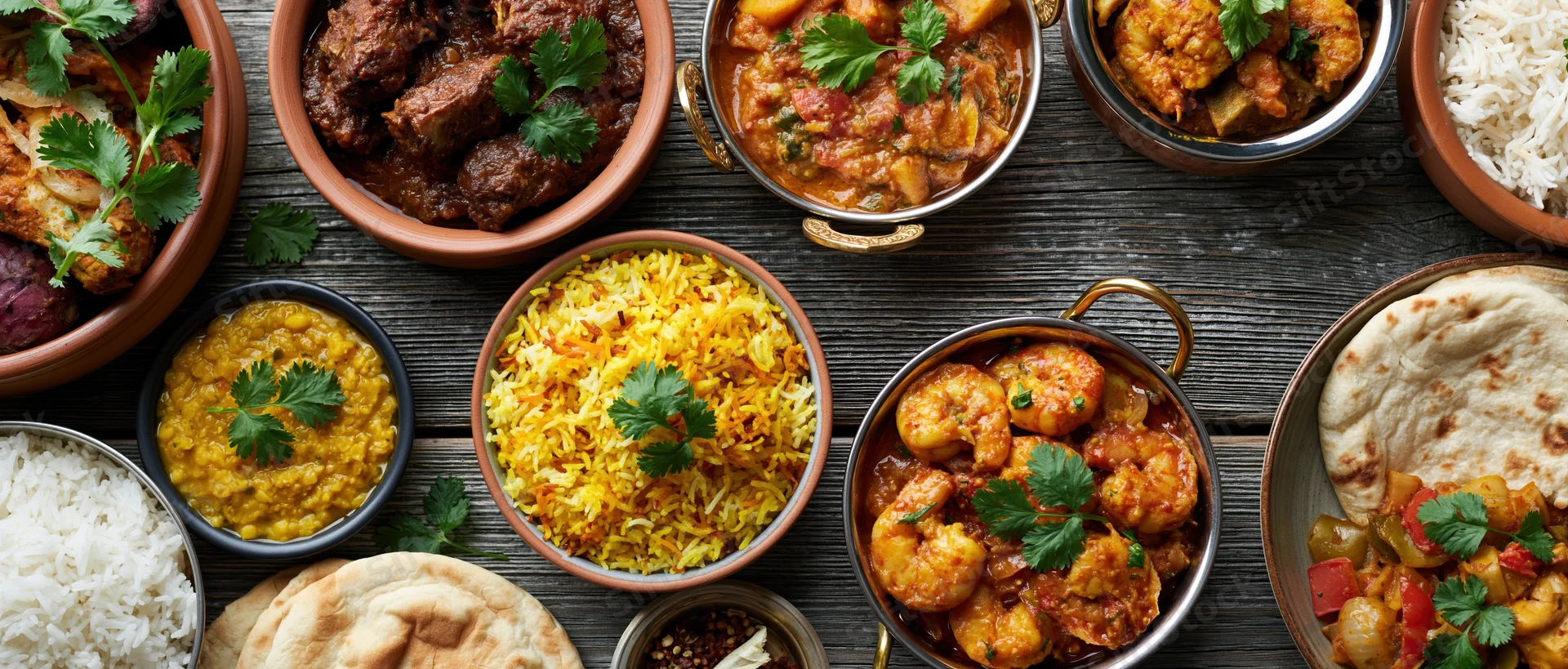 Overhead flat lay of multiple South Asian and Middle Eastern dishes including curry, rice, naan, and shrimp on a wooden table