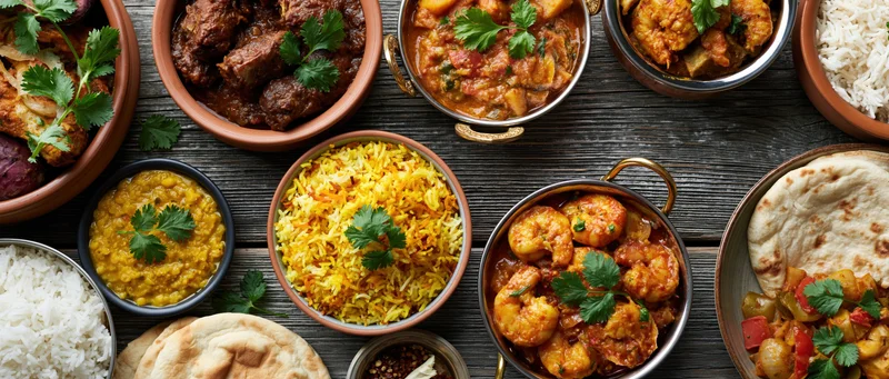 Overhead flat lay of multiple South Asian and Middle Eastern dishes including curry, rice, naan, and shrimp on a wooden table