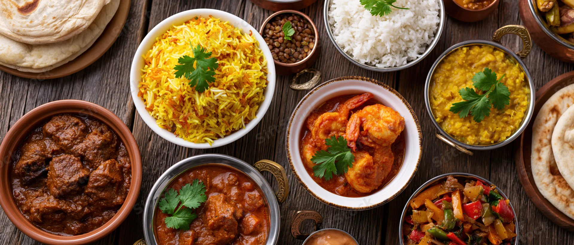 Overhead flat lay of multiple South Asian and Middle Eastern dishes including curry, biryani, naan, and lentil on a wooden table