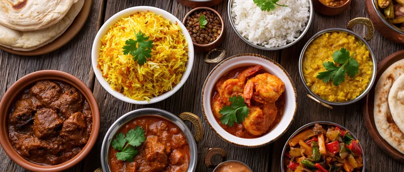 Overhead flat lay of multiple South Asian and Middle Eastern dishes including curry, biryani, naan, and lentil on a wooden table