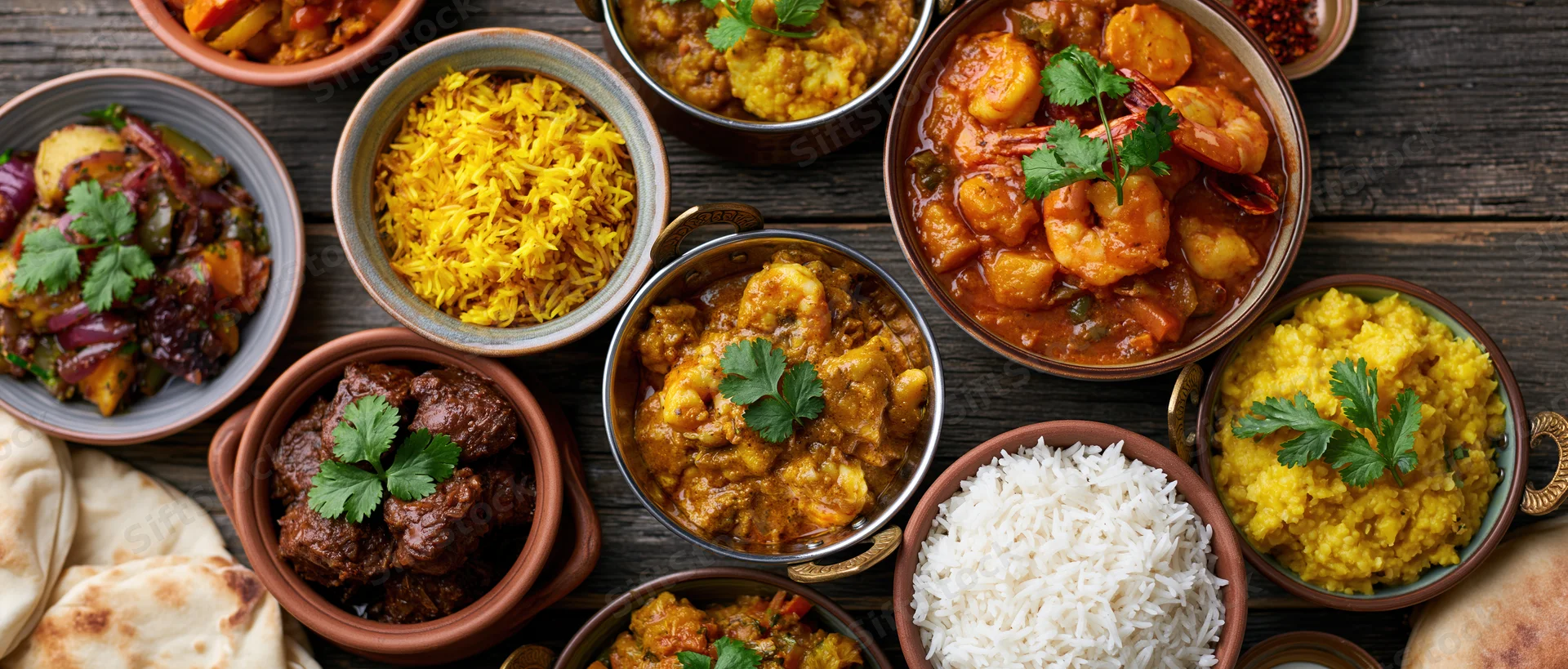 Overhead flat lay of multiple South Asian and Middle Eastern dishes including curries, rice, naan, and garnishes arranged on a wooden table