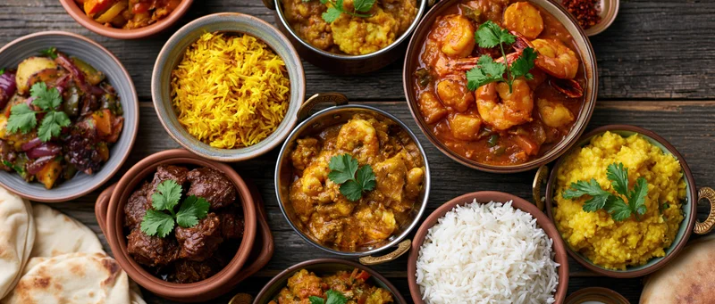 Overhead flat lay of multiple South Asian and Middle Eastern dishes including curries, rice, naan, and garnishes arranged on a wooden table