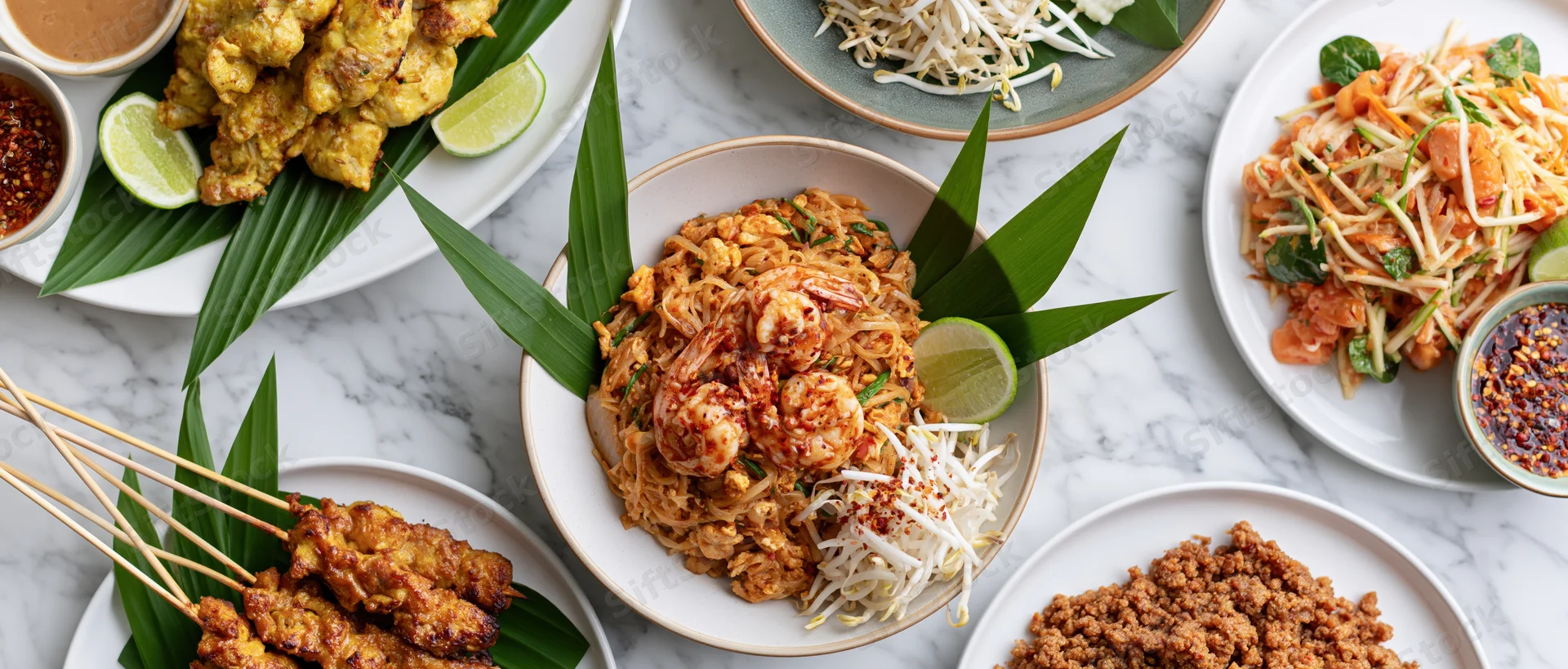 Overhead flat lay of multiple thai dishes arranged on a white marble table with garnishes and sauces