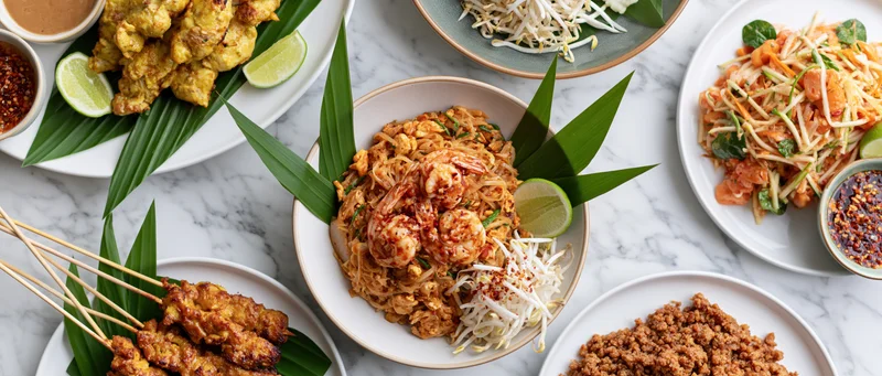 Overhead flat lay of multiple thai dishes arranged on a white marble table with garnishes and sauces