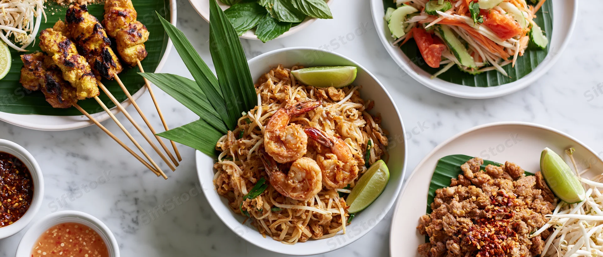 Overhead flat lay of multiple thai dishes including padthai, satay, and papaya salad arranged on a white marble table with lime wedges and herbs
