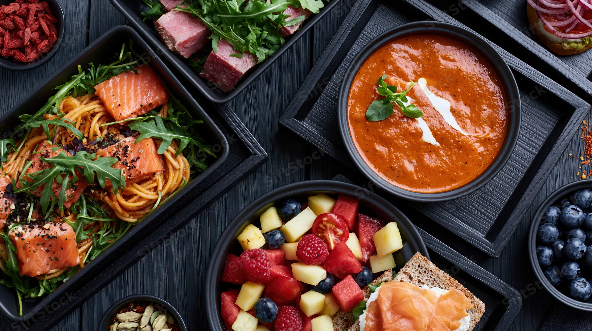 Overhead flat lay of multiple black trays and bowls filled with salmon pasta salad, tomato soup, fruit salad, and garnishes arranged on dark surface