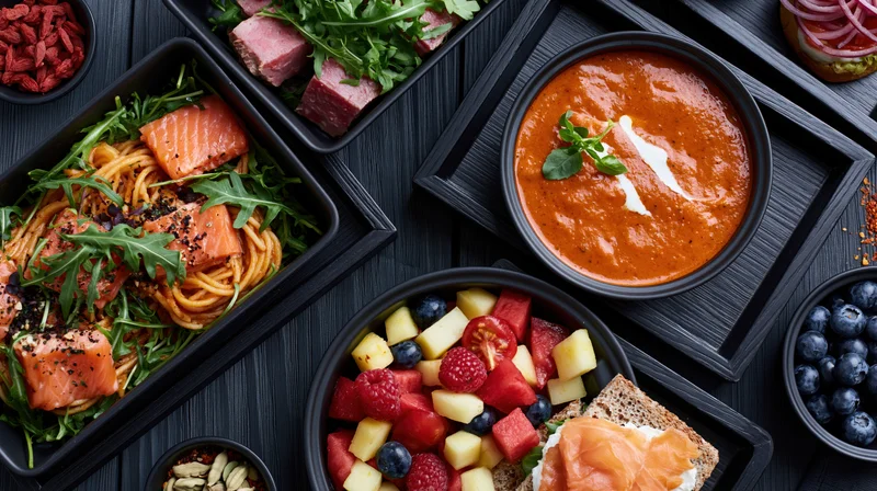 Overhead flat lay of multiple black trays and bowls filled with salmon pasta salad, tomato soup, fruit salad, and garnishes arranged on dark surface