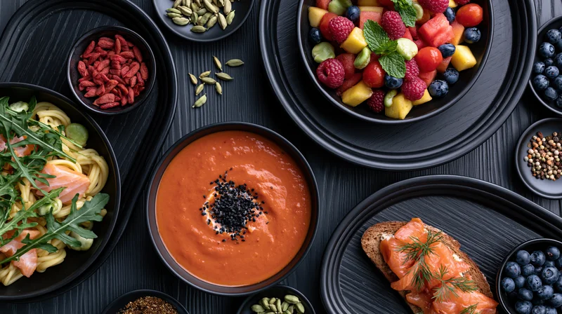 Overhead flat lay of black bowls and trays with assorted healthy meals including salmon pasta, tomato soup, fruit salad, and superfoods on dark wooden table