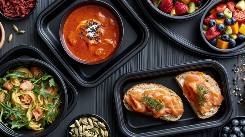 Overhead flat lay of multiple black serving trays and bowls filled with prepped meals including salmon toast, pasta, soup, and fruit salad on a dark wooden surface