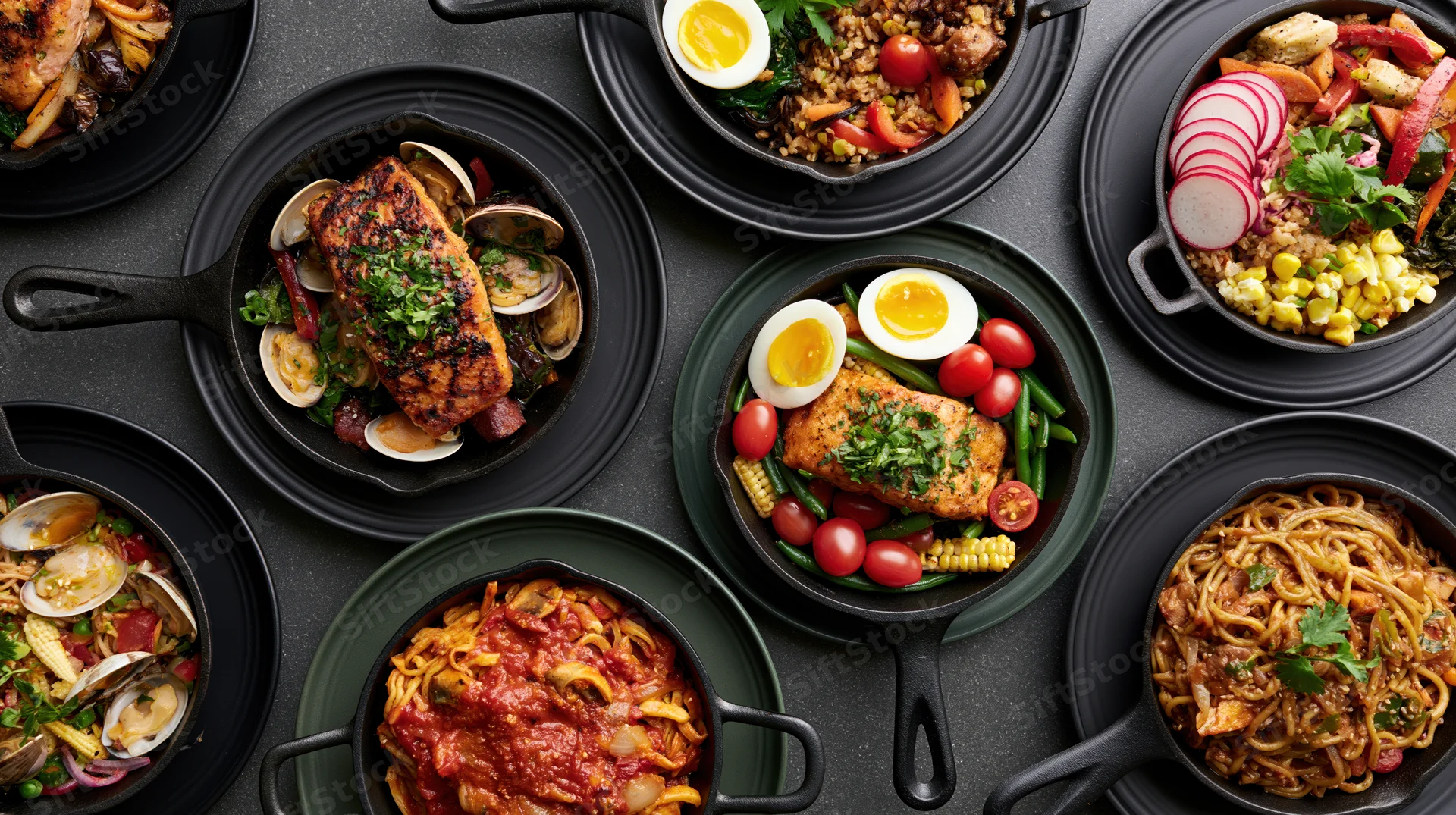 Multiple cast iron skillets filled with various cooked meals arranged on a dark surface in overhead flat lay view