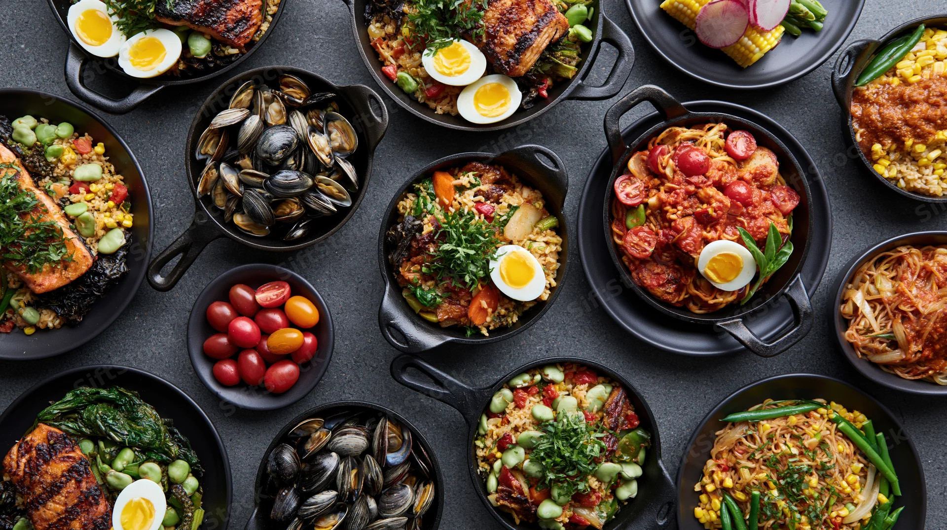 Overhead flat lay of multiple cast iron skillets filled with various cooked meals including salmon, mussels, pasta, and rice dishes arranged on a dark surface