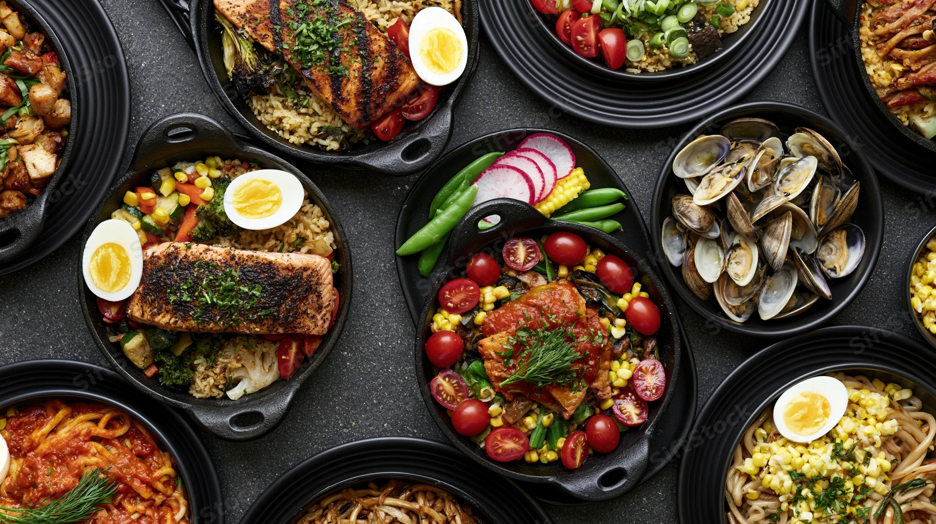 Multiple cast iron skillets filled with various cooked meals arranged in a flat lay overhead view