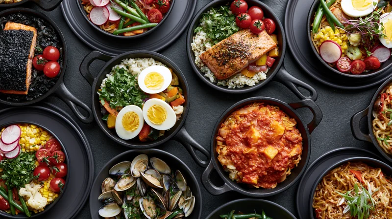 Multiple cast iron skillets filled with various cooked meals arranged on a dark surface in an overhead flat lay composition