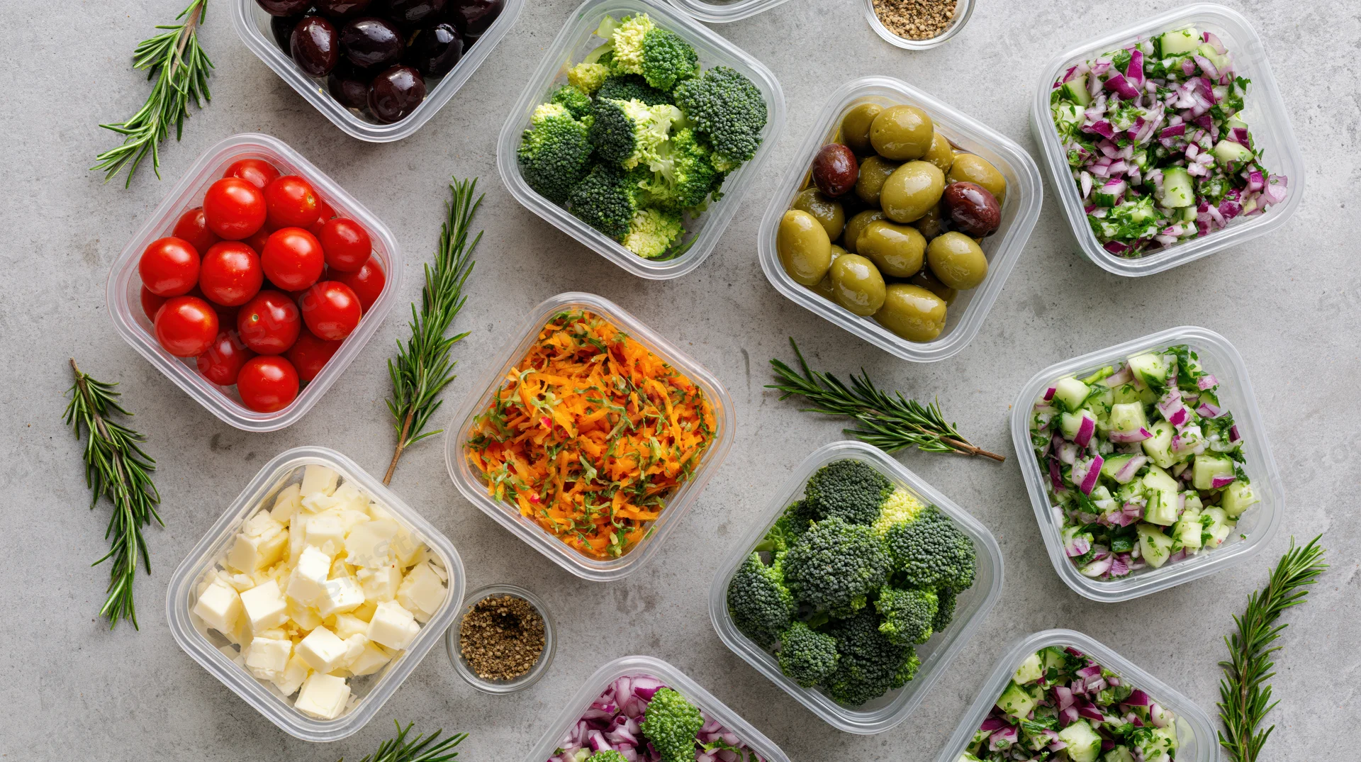 Overhead flat lay of multiple clear plastic containers filled with prepped vegetables and herbs on a gray countertop
