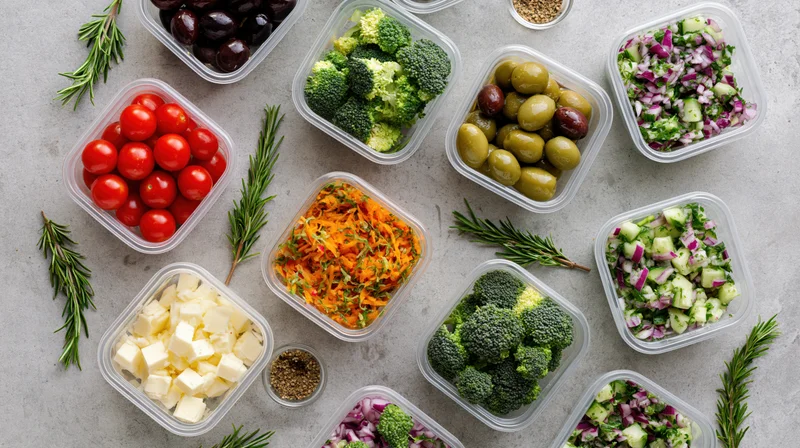 Overhead flat lay of multiple clear plastic containers filled with prepped vegetables and herbs on a gray countertop