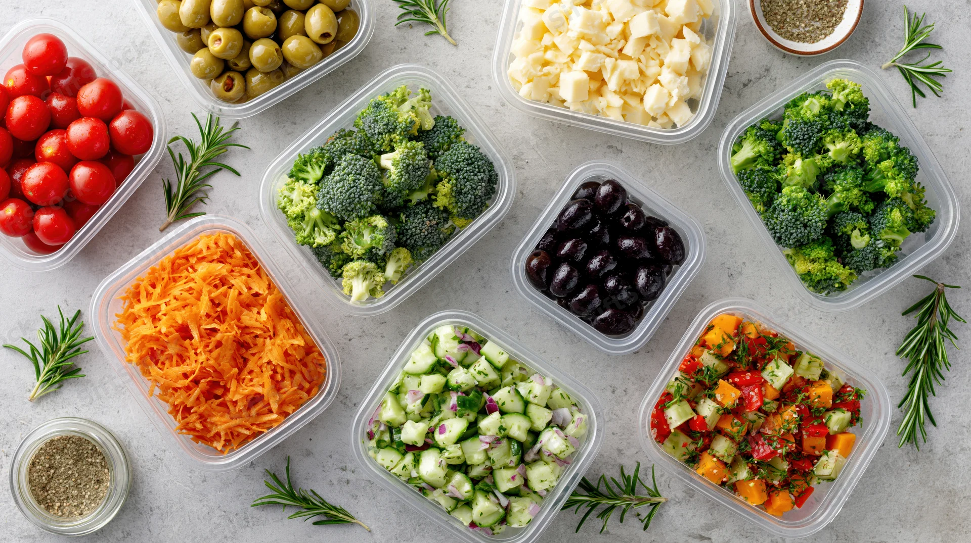 Overhead flat lay of multiple clear plastic containers filled with prepped vegetables and herbs on a light countertop