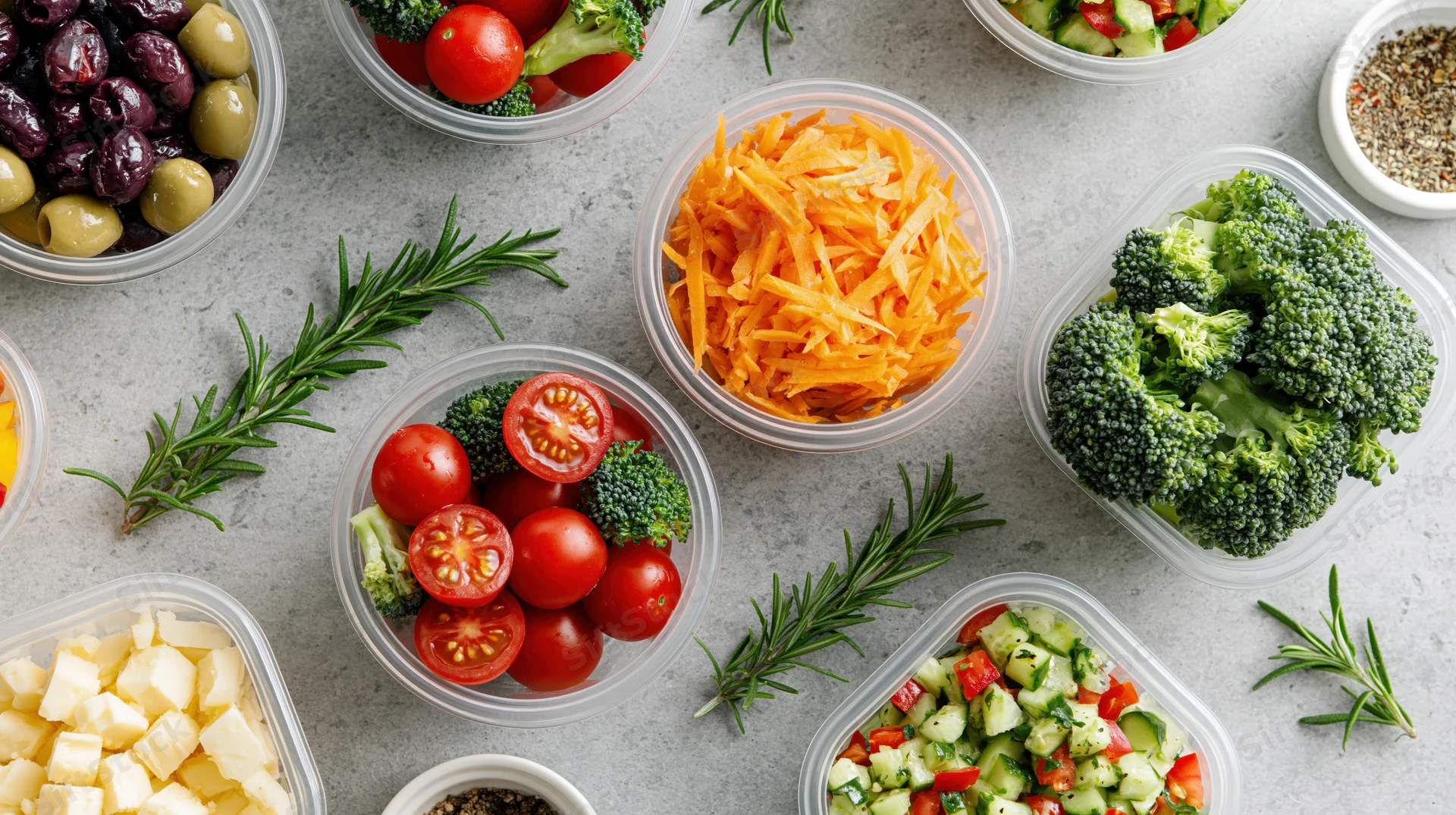 Overhead flat lay of multiple clear plastic containers filled with chopped vegetables, cheese, olives, and herbs arranged on a gray countertop