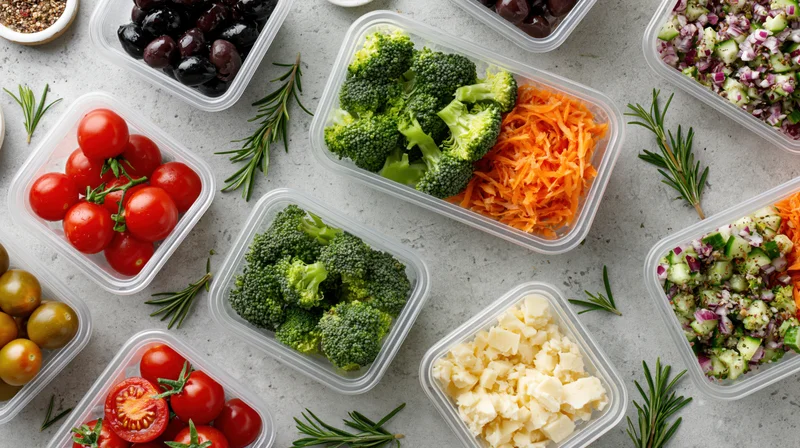 Clear plastic containers filled with chopped vegetables and cheese arranged on a gray countertop in an overhead flat lay