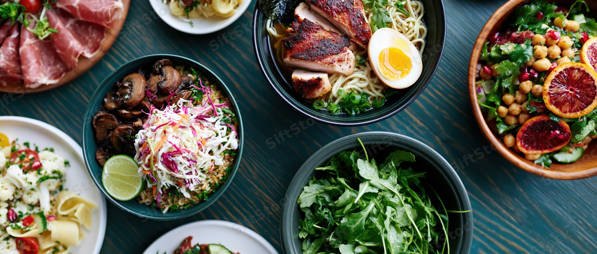 Overhead flat lay of multiple dishes including salads, noodles, rice and prosciutto arranged on a dark wooden table