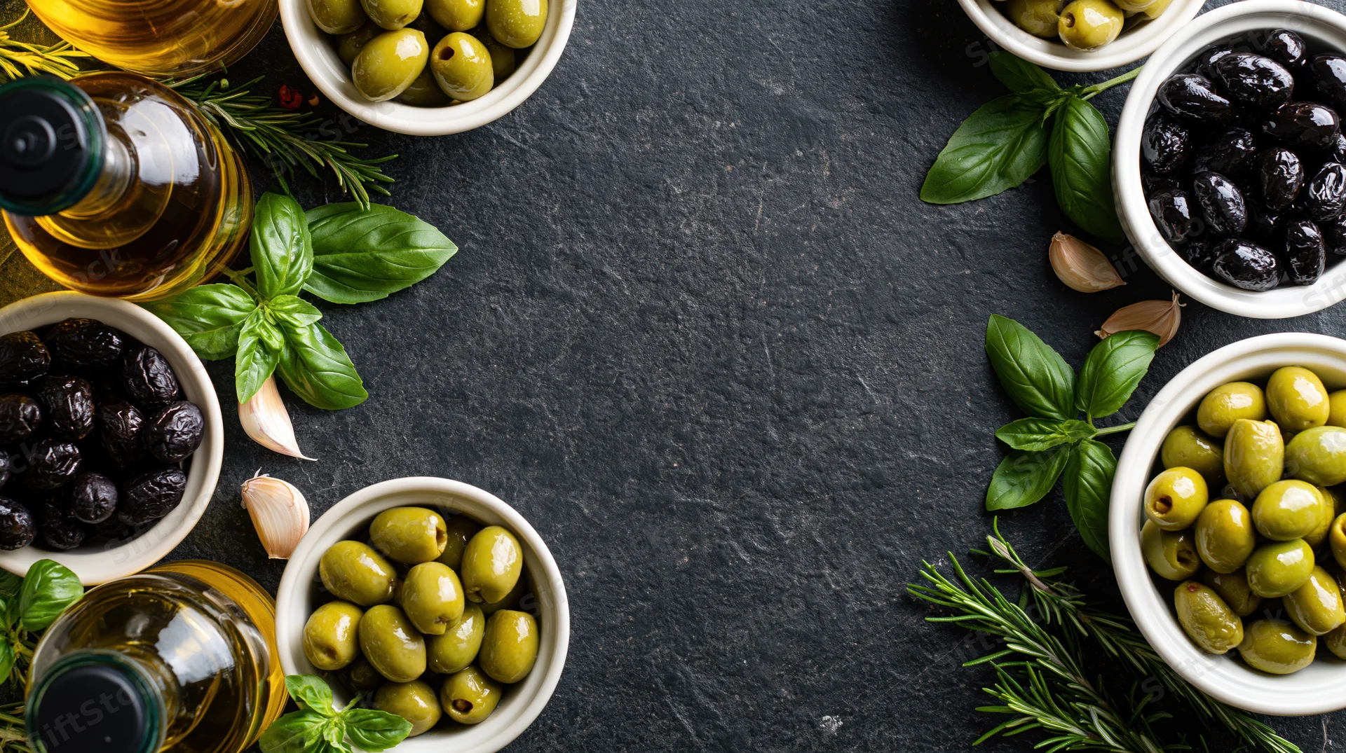 Overhead flat lay of green and black olives in white ceramic bowls with olive oil bottles, basil, garlic, and rosemary arranged on dark slate surface