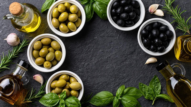 Overhead flat lay of olive oil bottles and ceramic bowls with green and black olives, garlic, rosemary, and basil arranged on dark stone surface