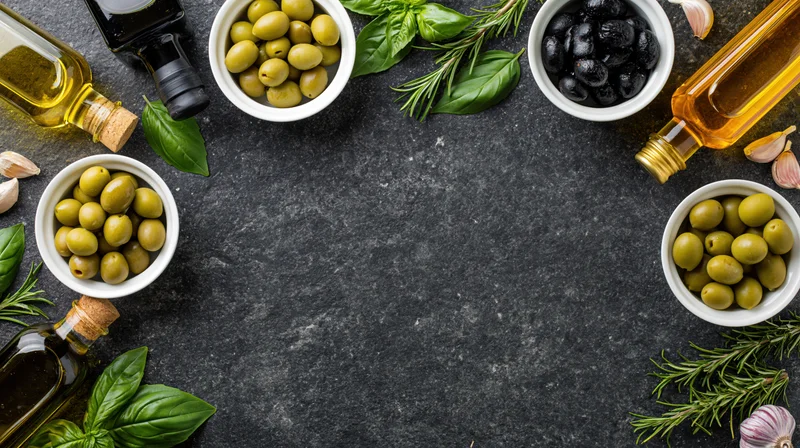 Overhead flat lay of olive oil bottles, ceramic bowls with green and black olives, garlic, basil and rosemary arranged around dark stone surface with central copyspace