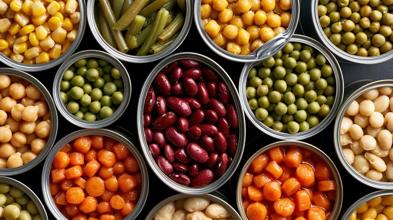 Overhead view of open tin cans filled with assorted canned vegetables and beans arranged in a grid pattern