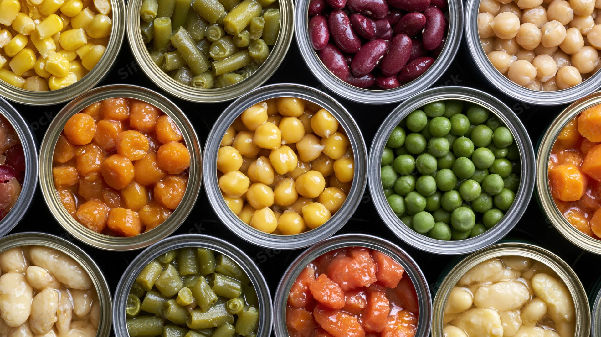 Overhead view of open tin cans filled with assorted canned vegetables and legumes arranged in a grid pattern