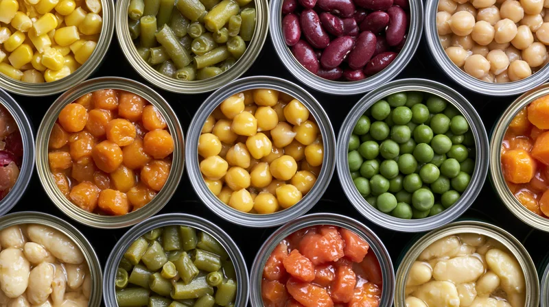 Overhead view of open tin cans filled with assorted canned vegetables and legumes arranged in a grid pattern