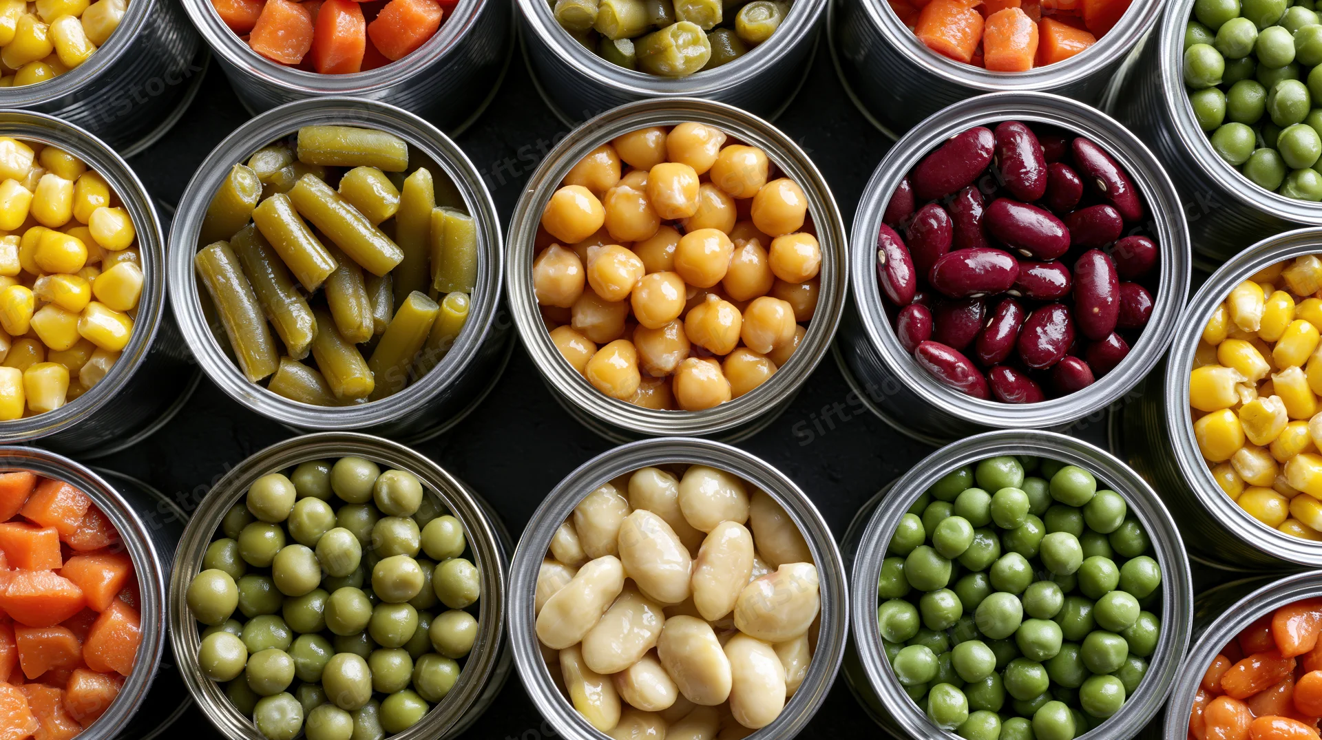 Overhead flat lay of open tin cans filled with assorted canned vegetables and beans arranged in rows on dark surface