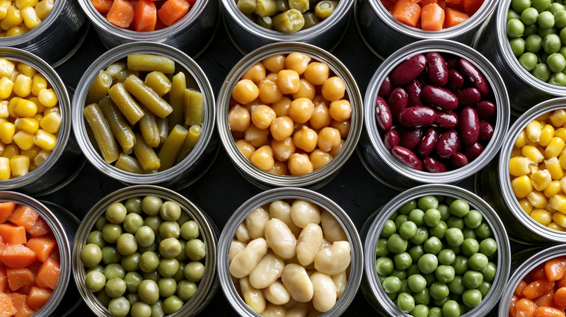 Overhead flat lay of open tin cans filled with assorted canned vegetables and beans arranged in rows on dark surface