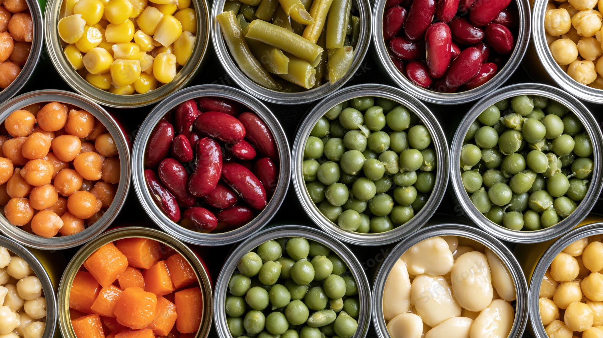 Overhead view of open tin cans filled with assorted canned vegetables and legumes arranged in a grid pattern