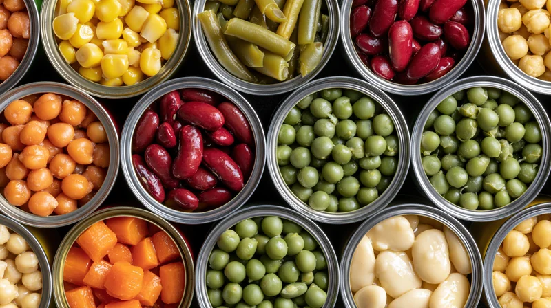 Overhead view of open tin cans filled with assorted canned vegetables and legumes arranged in a grid pattern