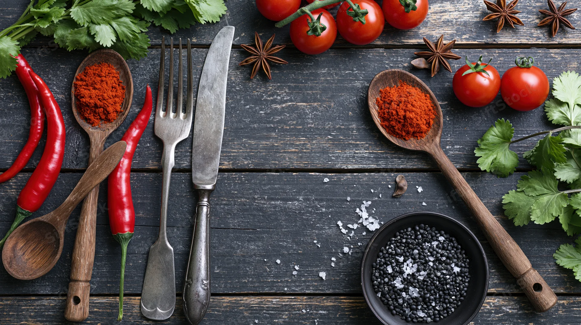 Overhead flat lay of spices, herbs, tomatoes, and vintage silverware on dark wooden surface