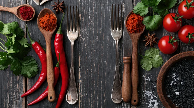 Overhead flat lay of spices, herbs, and vintage silverware arranged on dark wooden table