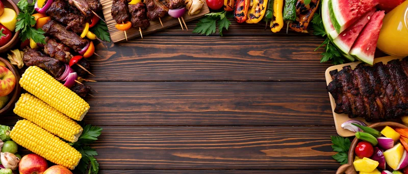Summer barbecue spread arranged as border on dark wooden table with copyspace in center