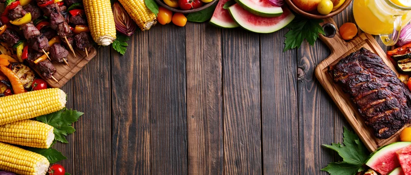 Summer barbecue spread arranged as border on dark wooden table with copyspace in center