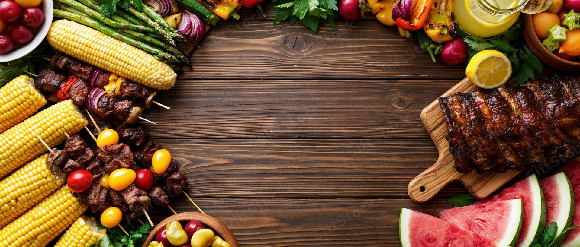 Summer barbecue spread arranged as border on wooden table with copyspace